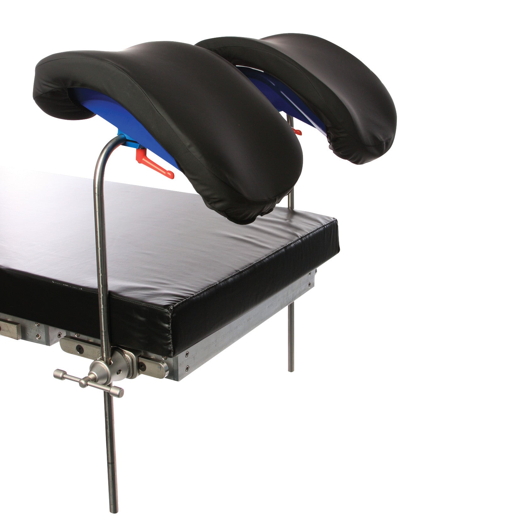 AliMed Knee Crutch: Padded knee supports attached to a metal operating table for patient positioning.