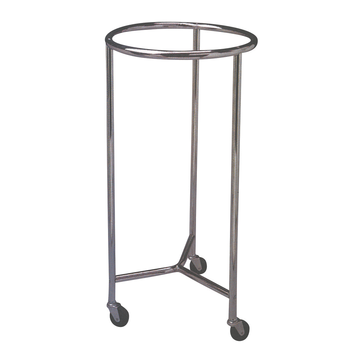 A metal Round Hamper Stand with a circular top and three legs, each with a caster wheel at the bottom for mobility.