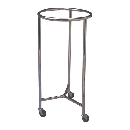 A metal Round Hamper Stand with a circular top and three legs, each with a caster wheel at the bottom for mobility.