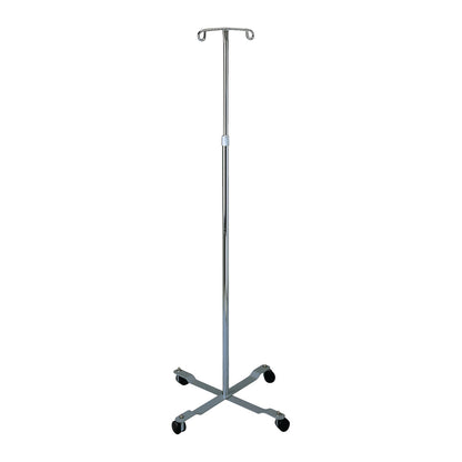 Standard Chrome Four-Leg IV Pole features a chrome finish, four legs with casters for mobility, and hooks on top for IV bags.