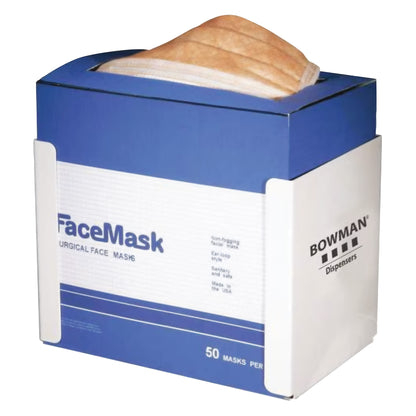 Box of face masks with "Face Mask" and "Bowman Universal Face Mask Dispenser" printed on it, holds 50 masks.