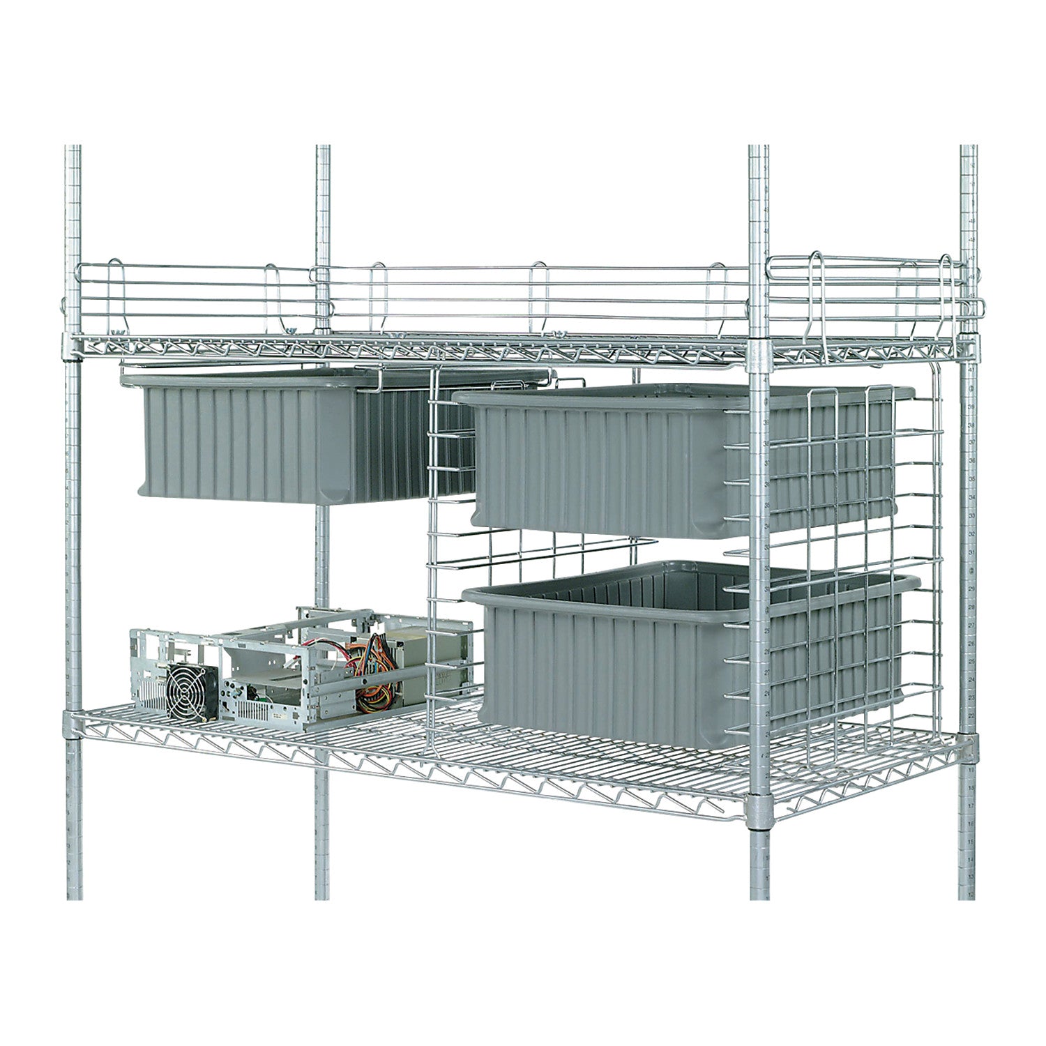 Metal shelving unit with gray storage bins labeled "Modu Box for Nexel Wire Shelf." A power supply unit is on the lower shelf.