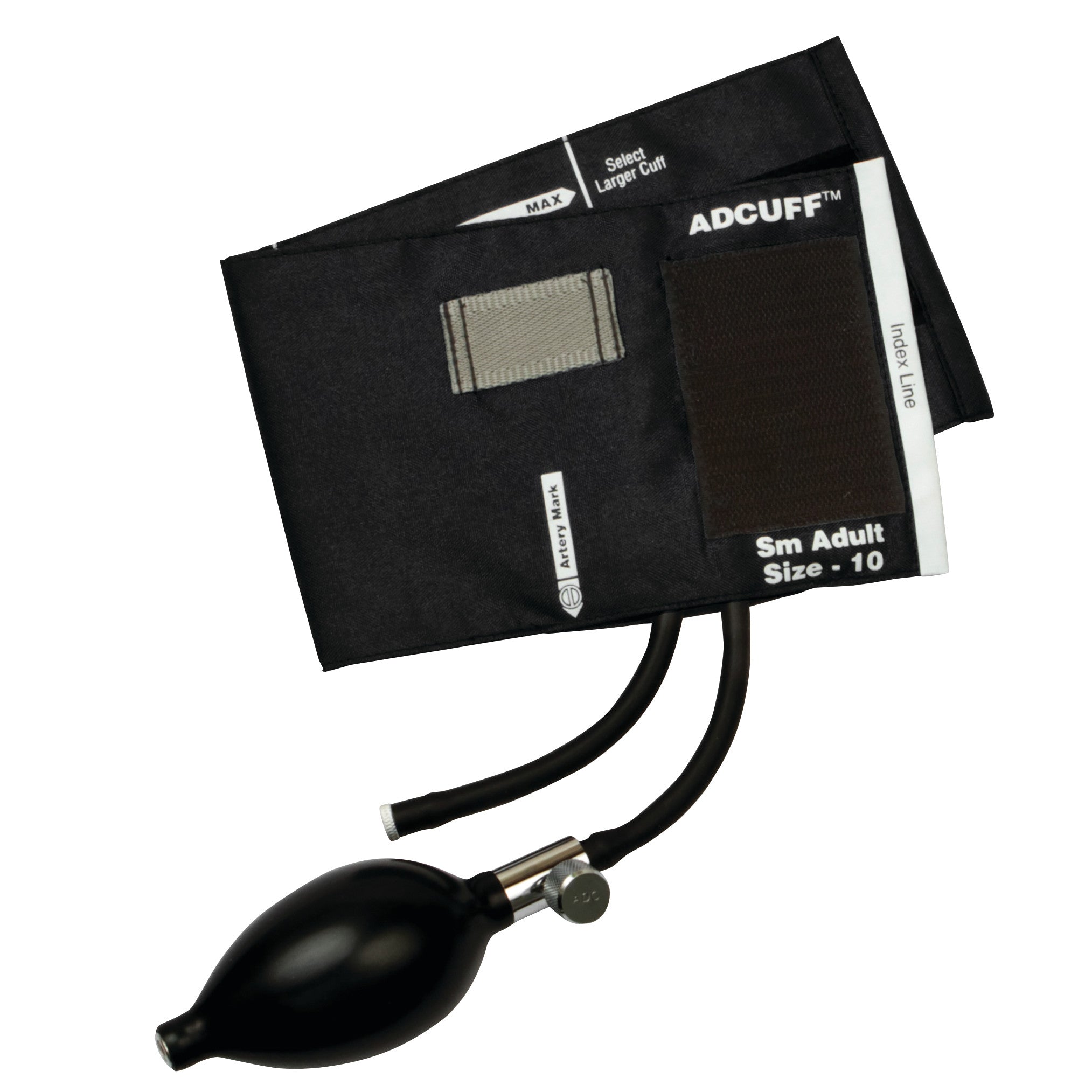 ADC Adcuff Sphygmomanometer Inflation System, featuring a black cuff and rubber bulb, Size 10 for small adults.