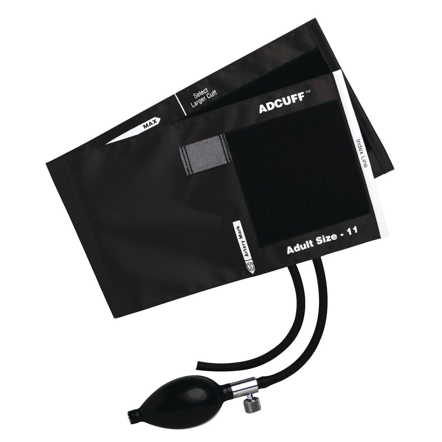 ADC Adcuff Sphygmomanometer Inflation System with black adult-size cuff, tubing, and bulb for blood pressure measurement.
