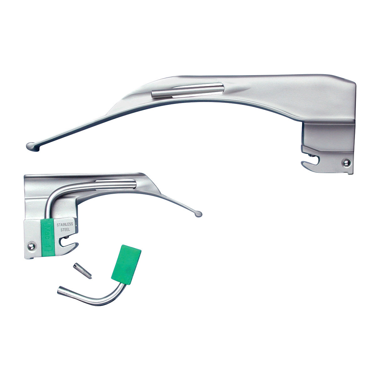 Two Satin Macintosh Fiber Optic Laryngoscope Blades and a green insert are shown. They are stainless steel with a curved shape.