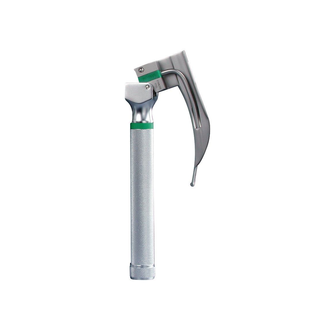 Satin Fiber Optic Laryngoscope Battery Handle with a textured grip and curved blade, used for medical airway management.