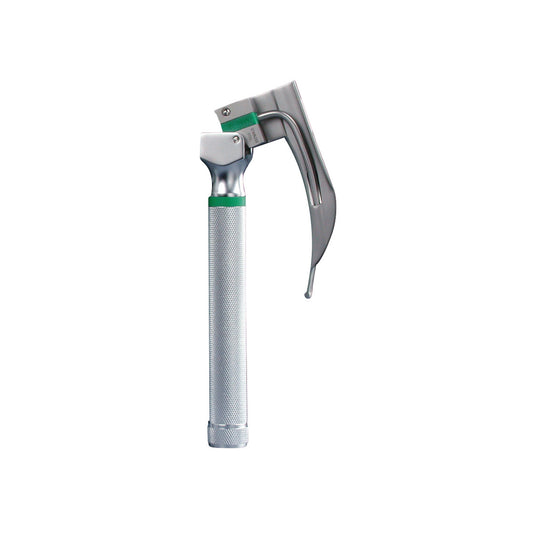 Satin Fiber Optic Laryngoscope Battery Handle with a textured grip and curved blade, used for medical airway management.