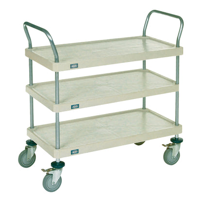 Three-tier Nexel Solid Plastic Shelf Utility Cart with metal handles and caster wheels, shown in a white color.