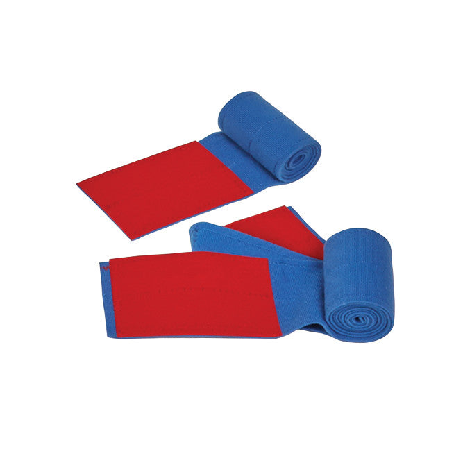 Two AliMed Universal Straps, in blue with red closures, are shown. They are two-piece with three closures and a side rail hold.