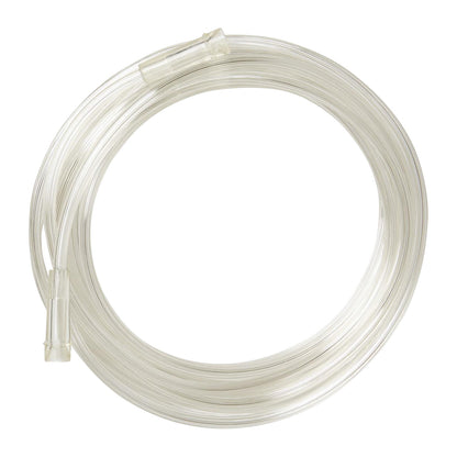 Coiled clear plastic Oxygen Tubing with connectors on both ends, used for medical purposes.