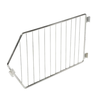 Metal partition for organizing shelves. Divider for Nexel Wire Bin Shelving with vertical bars and mounting brackets.