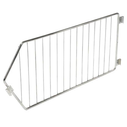 Metal divider for Nexel Wire Bin Shelving with vertical rods and mounting brackets on both sides.