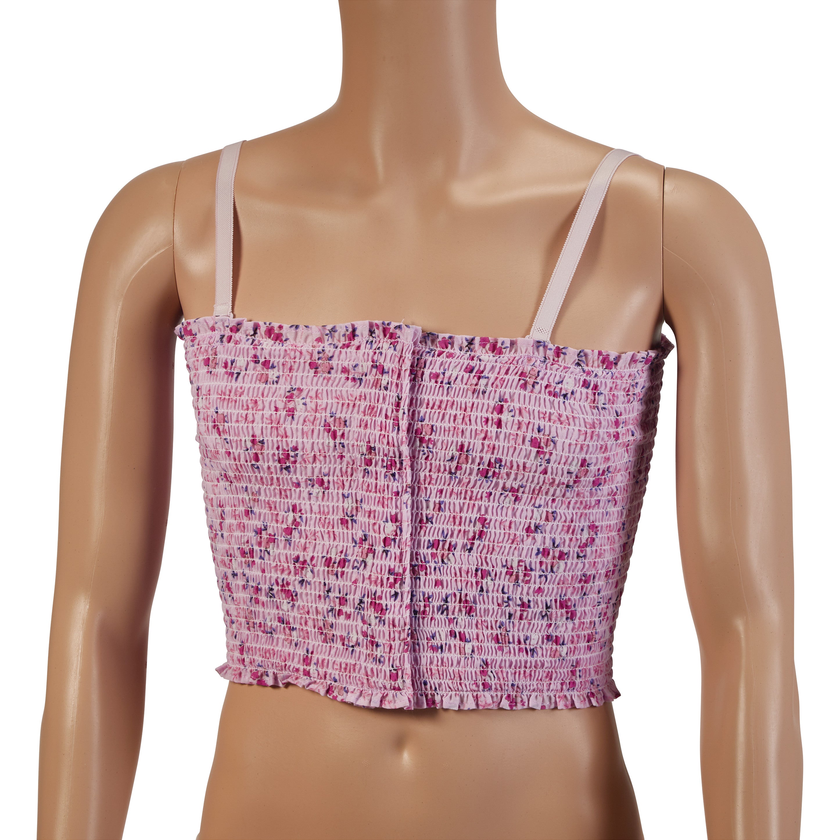 Mannequin wearing the Expand-A-Band Lined Breast Binder. It is pink with a floral pattern and thin straps. Sold in a 12-pack.