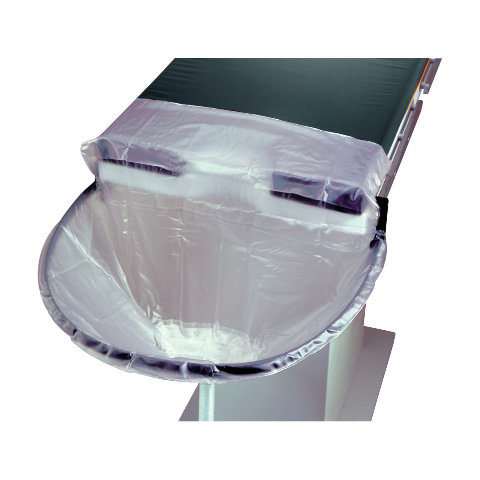 The Nonsterile Uro-Catcher Drape is attached to an examination table, designed to capture fluids with a transparent, curved surface.