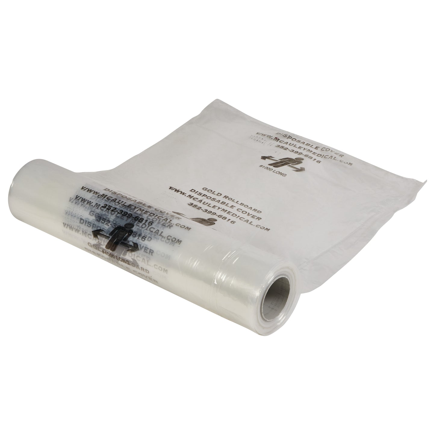 Transparent roll of the Disposable Cover for AliMed Soft Gold Rollboard, with black text and website information on the packaging.