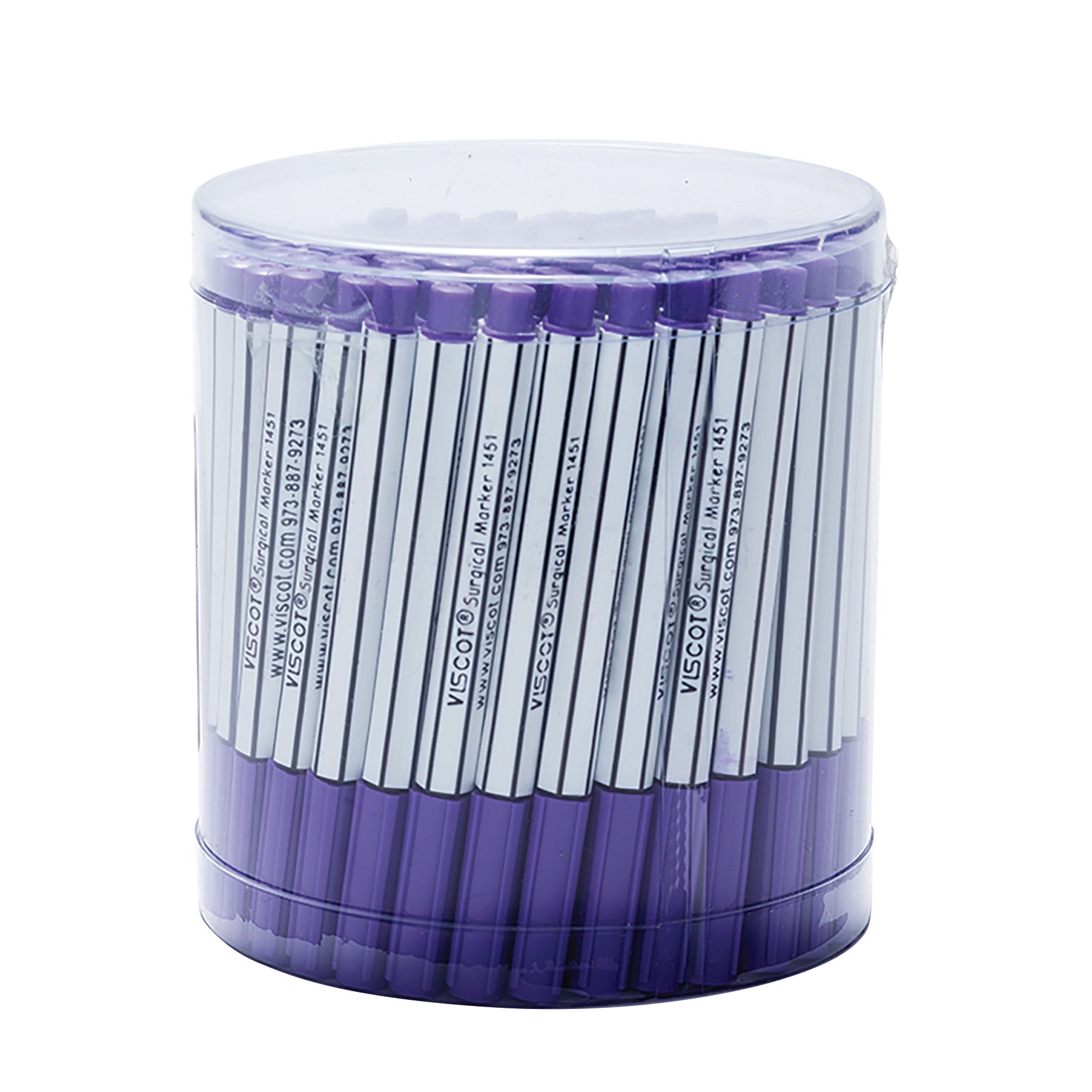 A clear cylindrical container holding Viscot Mini Pre-Surgical Skin Markers, with purple caps and visible printed text on markers.