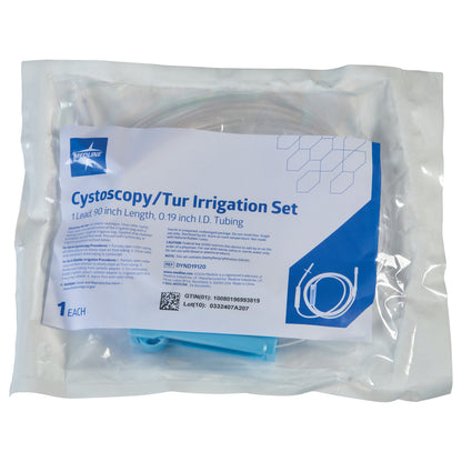 Sealed package of a Cysto/Irrigation Tubing Set, featuring 90-inch tubing. The label provides details and specifications.
