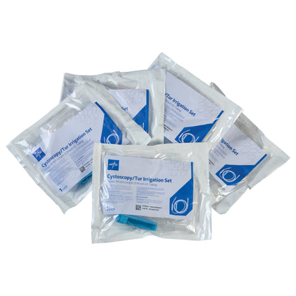 Five packages of Cysto/Irrigation Tubing Set are shown. Each package is sealed and labeled for medical use.