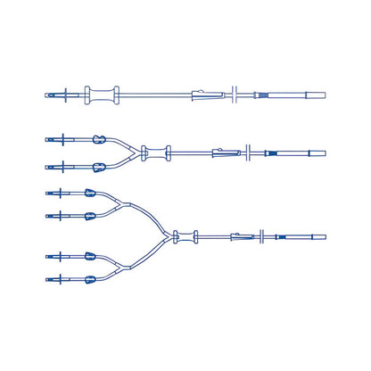Diagram of a "Y" Type Cysto/TUR Irrigation Set, featuring three configurations of medical tubing with branching connectors.
