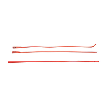 Three red Poly Cath Intermittent Catheters are shown on a white background. Each has a slightly different tip design.