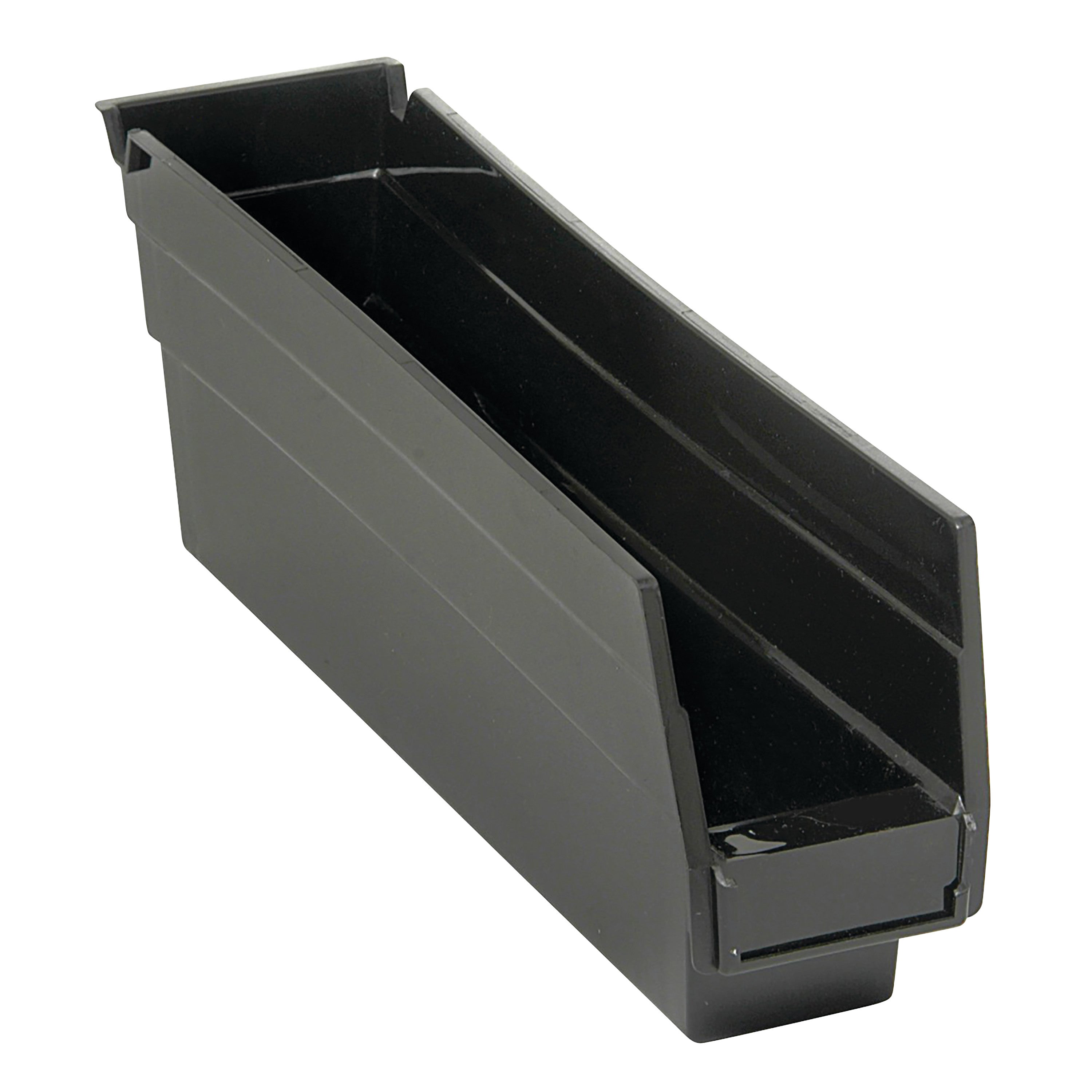 A black Quantum Economy Shelf Bin, made of plastic, with an open top and a narrow, rectangular shape for storage.