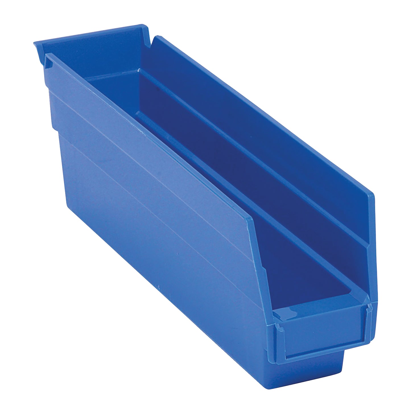 Blue Quantum Economy Shelf Bin with a long, open front for storage, suitable for organizing items on shelves.