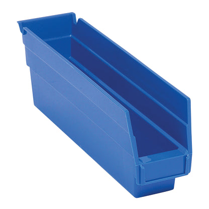 Blue Quantum Economy Shelf Bin with a long, open front for storage, suitable for organizing items on shelves.