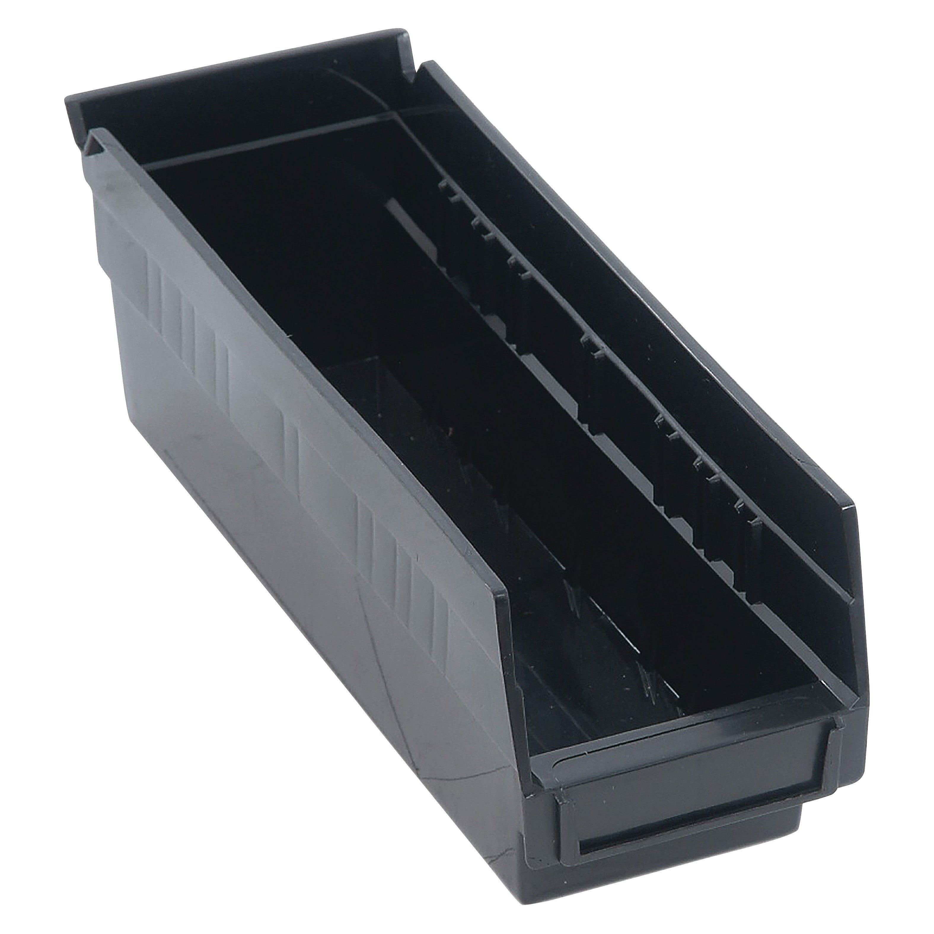 A black Quantum Economy Shelf Bin with a rectangular, open-top design and reinforced edges for storage and organization.