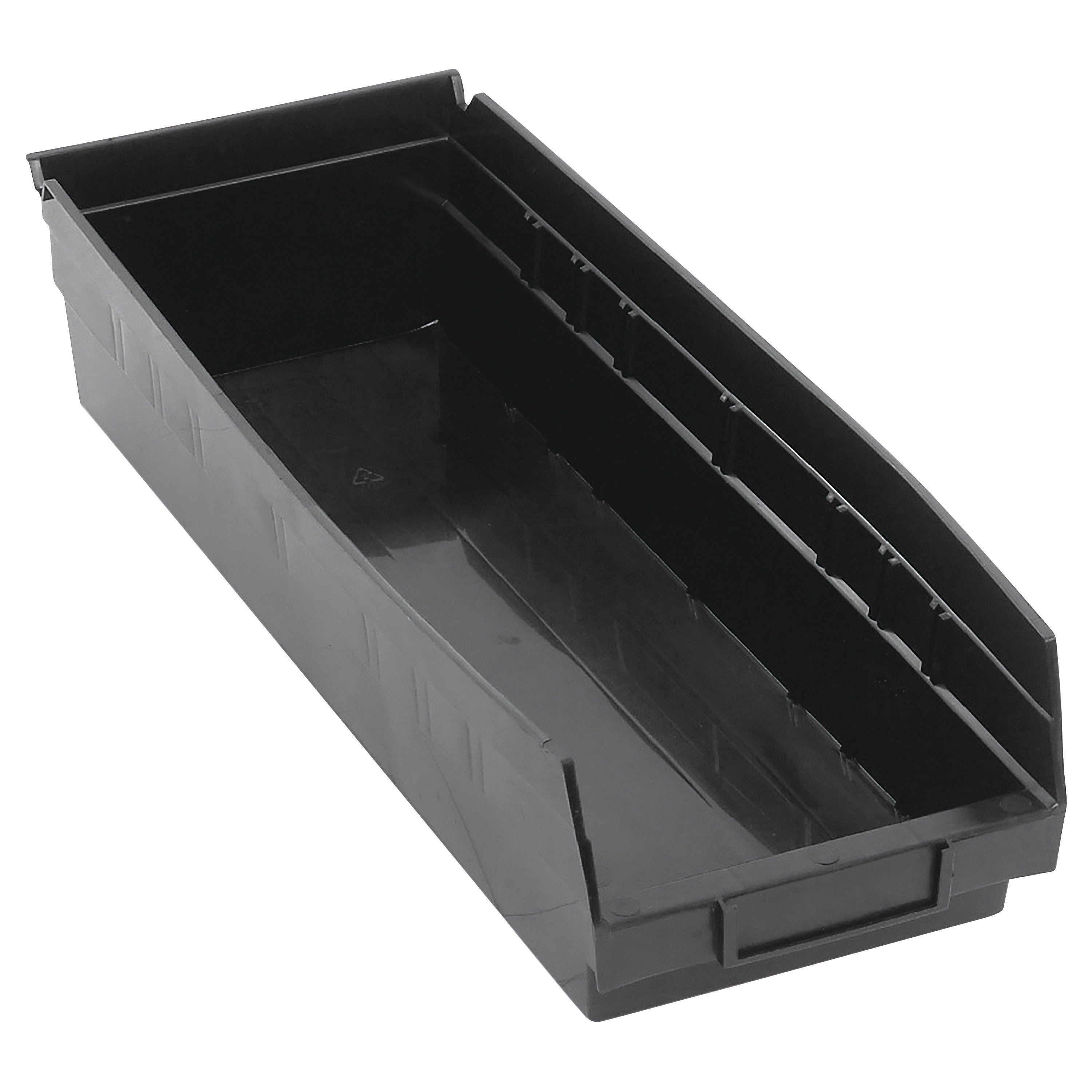 Black Quantum Economy Shelf Bin, a rectangular plastic storage container with a sloped front edge for easy access to contents.