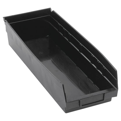 Black Quantum Economy Shelf Bin, a rectangular plastic storage container with a sloped front edge for easy access to contents.