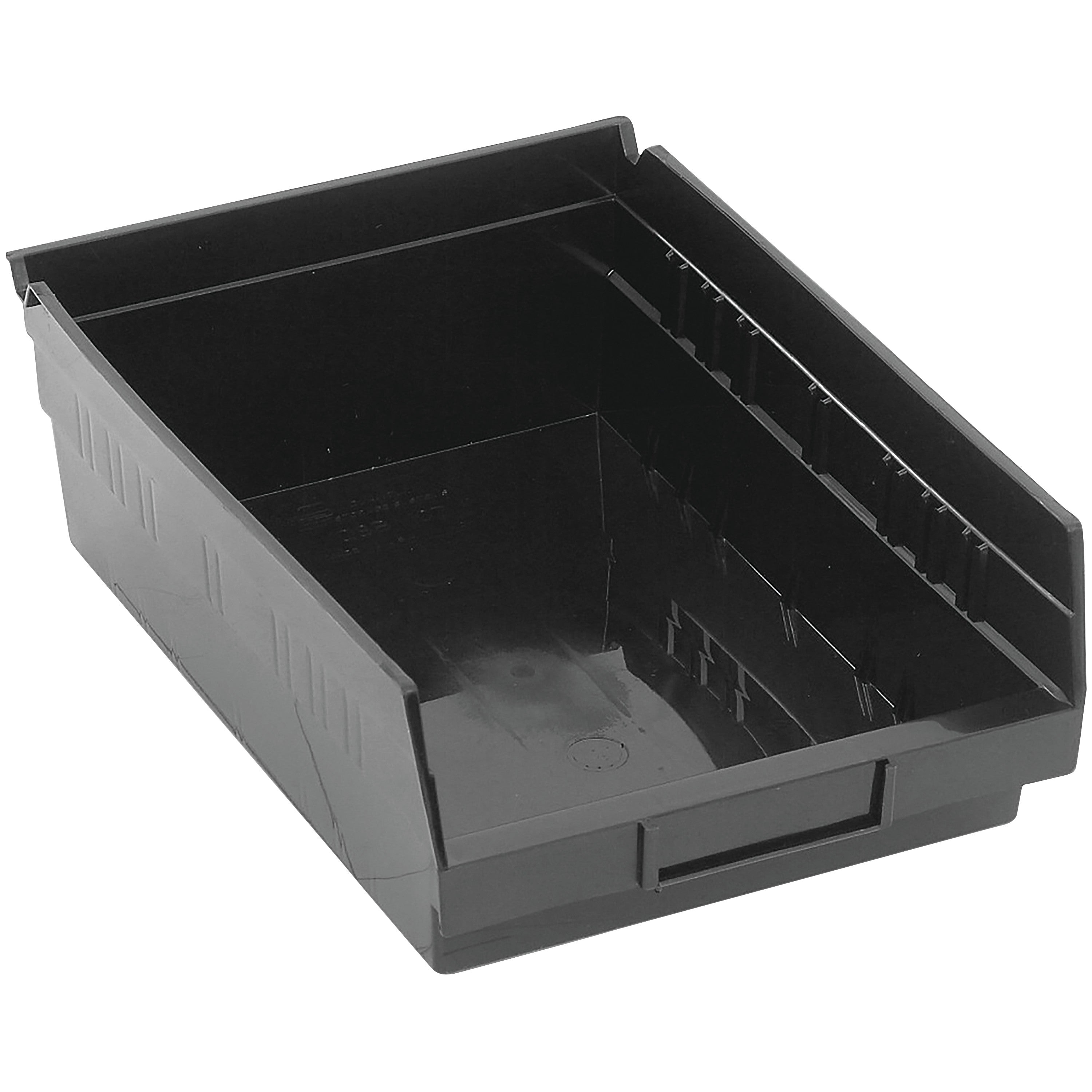 A black Quantum Economy Shelf Bin is shown. It has high sides and a label slot on the front, designed for organizing small items.