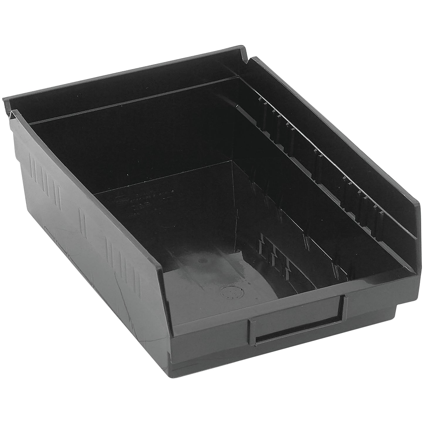 A black Quantum Economy Shelf Bin is shown. It has high sides and a label slot on the front, designed for organizing small items.