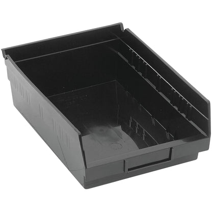 A black Quantum Economy Shelf Bin is shown. It has high sides and a label slot on the front, designed for organizing small items.
