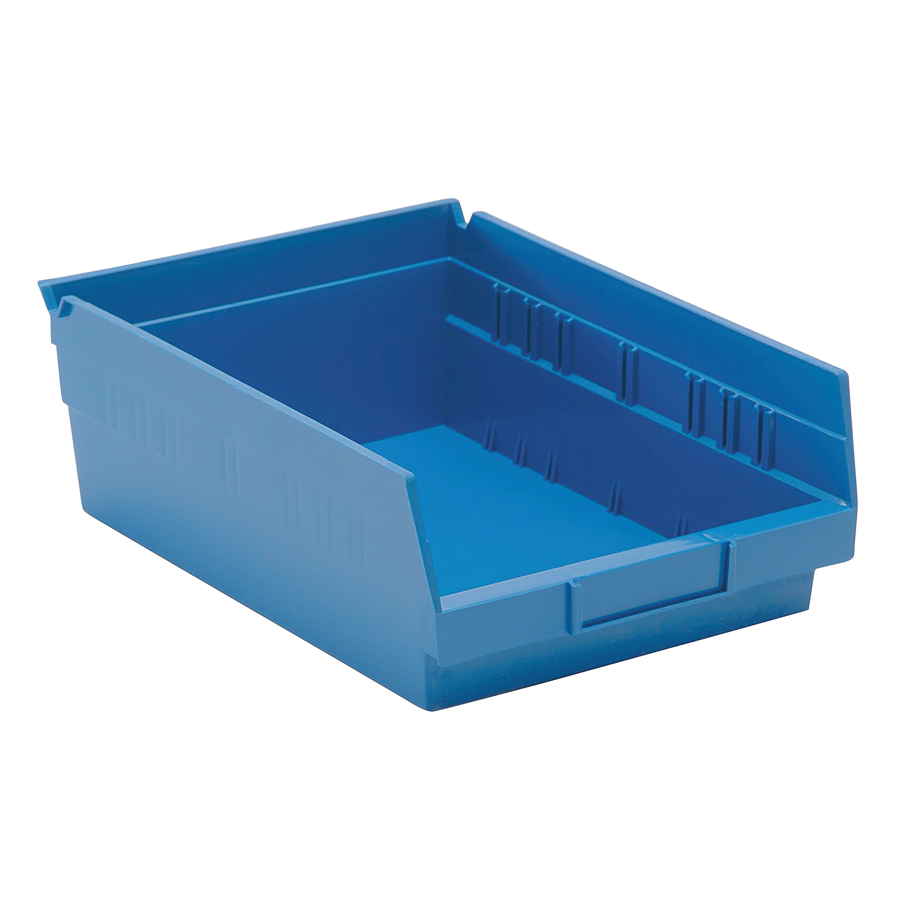 A blue Quantum Economy Shelf Bin with a slanted open front and ribbed sides for storage.