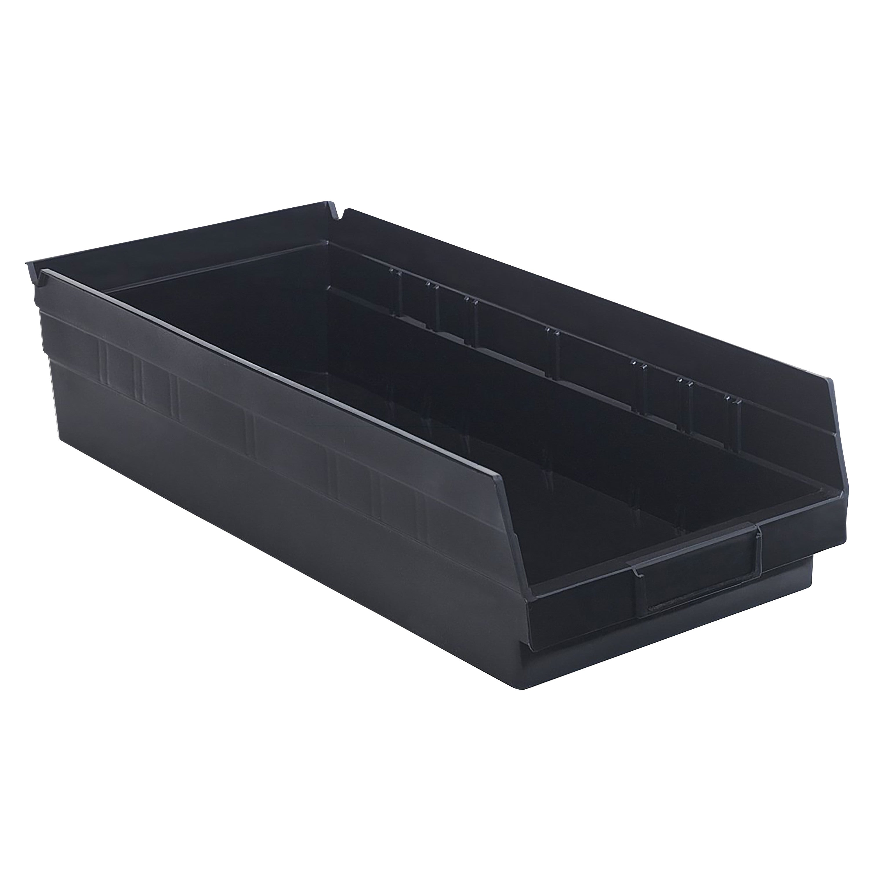 A black Quantum Economy Shelf Bin with an open front and reinforced edges, designed for storage and organization.