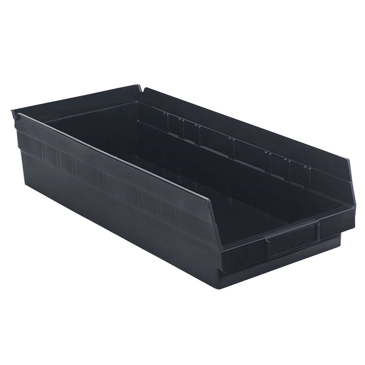 A black Quantum Economy Shelf Bin with an open front and reinforced edges, designed for storage and organization.