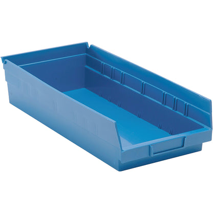 Blue Quantum Economy Shelf Bin with an open front, designed for organized storage on shelves.