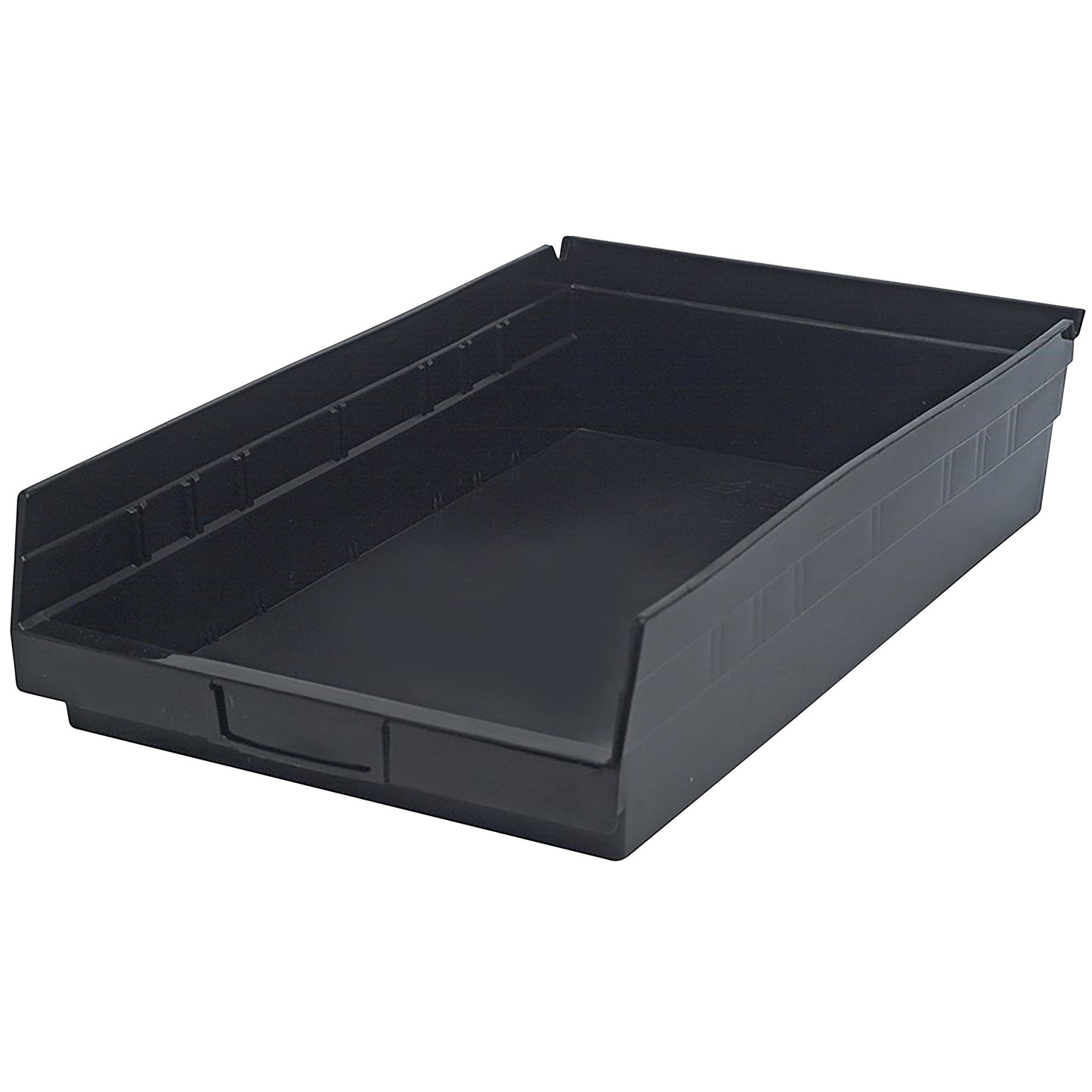 A black Quantum Economy Shelf Bin with a wide open front and high sides, designed for storage and organization.