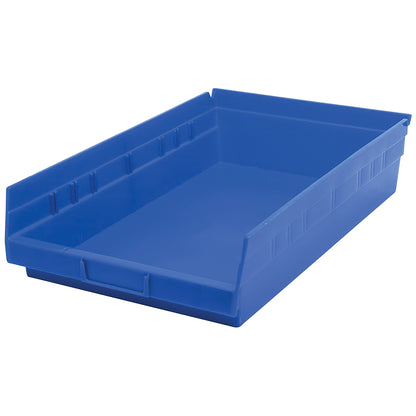 Blue Quantum Economy Shelf Bin with a rectangular shape and open front, designed for organizing and storing items.