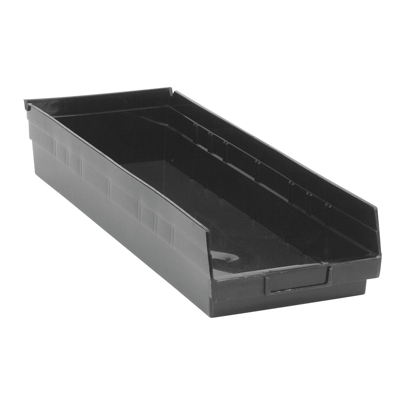 Black Quantum Economy Shelf Bin with open top and notches on the sides for stacking.