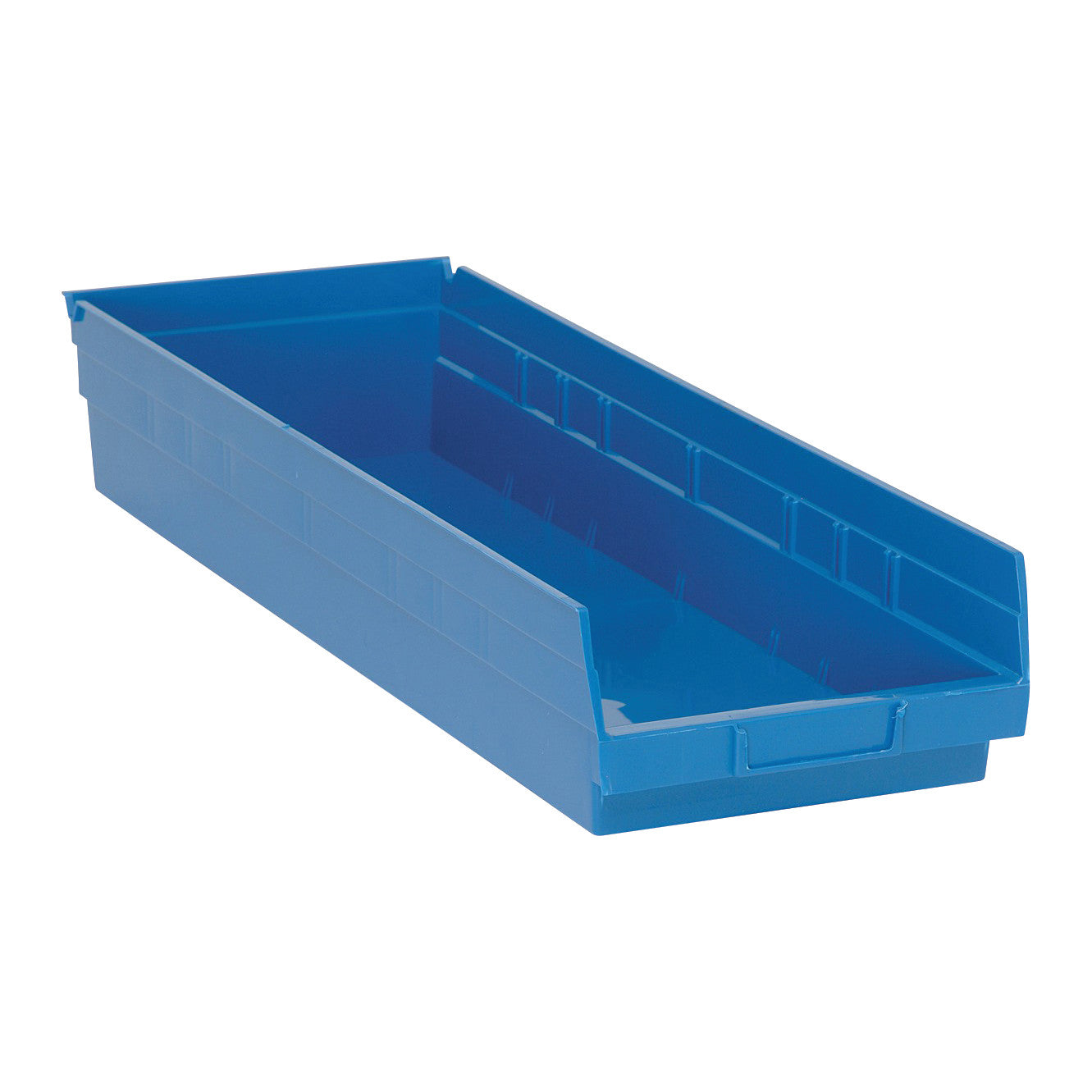 Blue Quantum Economy Shelf Bin with a sloped front for easy access. It's rectangular and designed for organizing small items.