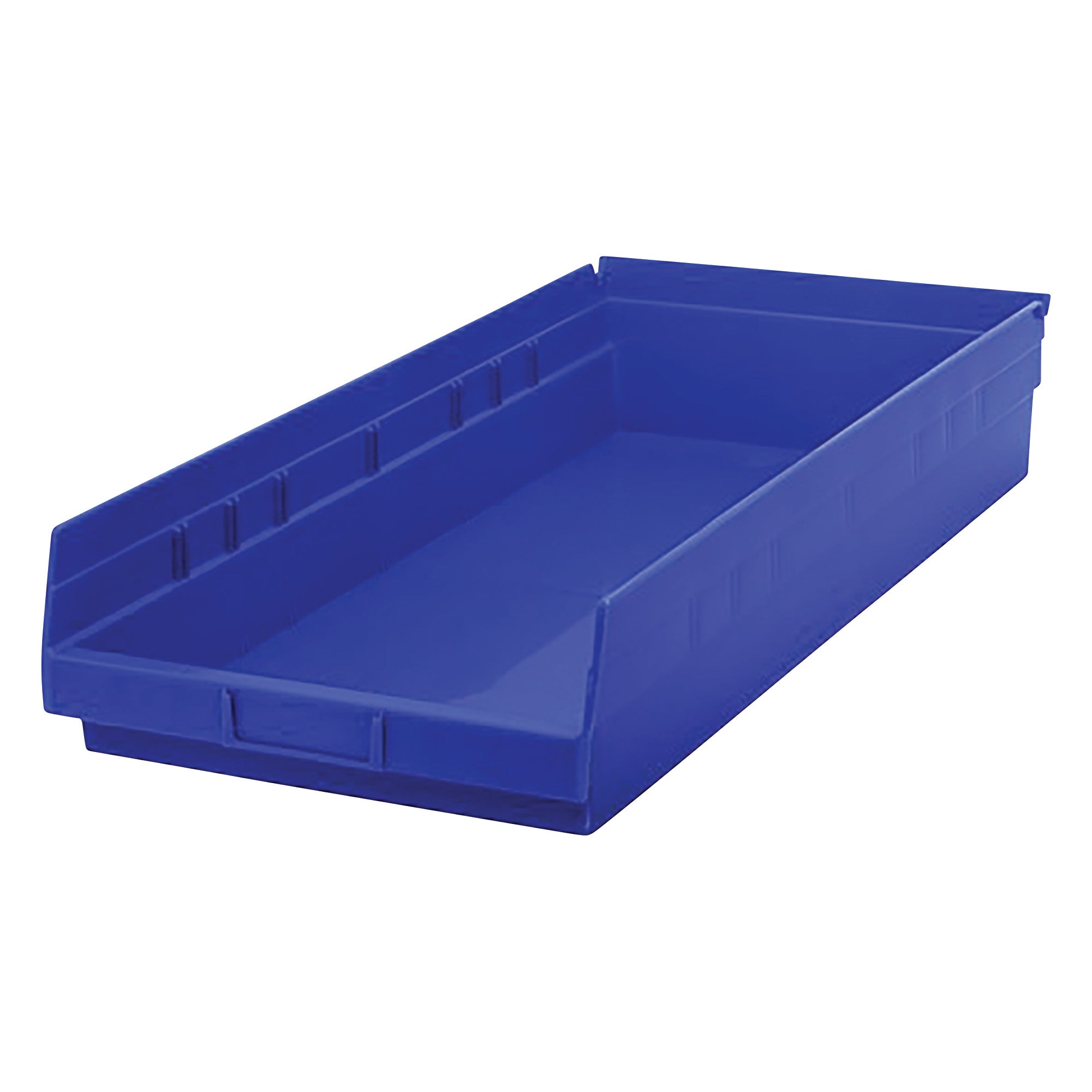 Blue Quantum Economy Shelf Bin, rectangular with slightly sloped sides for easy access to stored items.