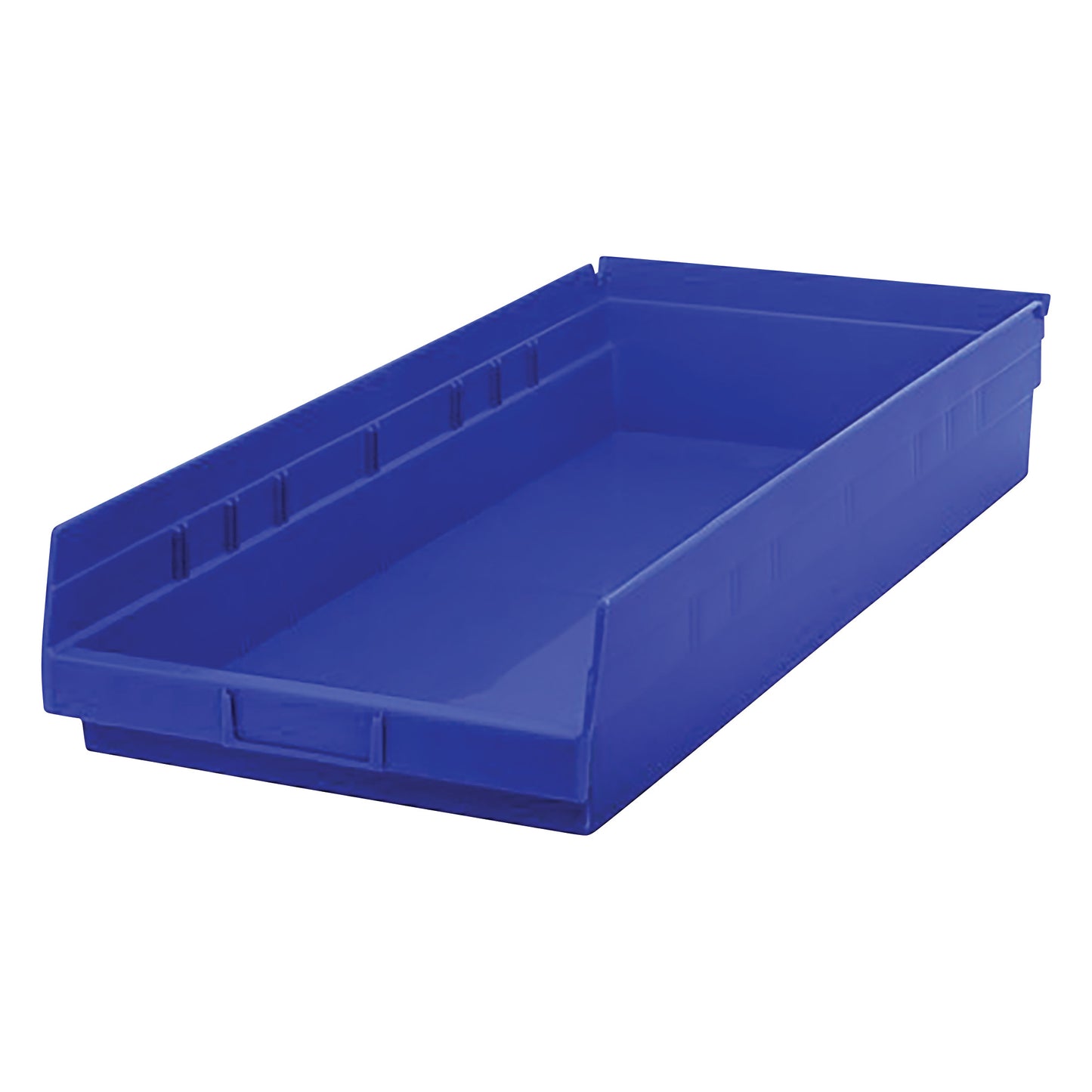 Blue Quantum Economy Shelf Bin, rectangular with slightly sloped sides for easy access to stored items.