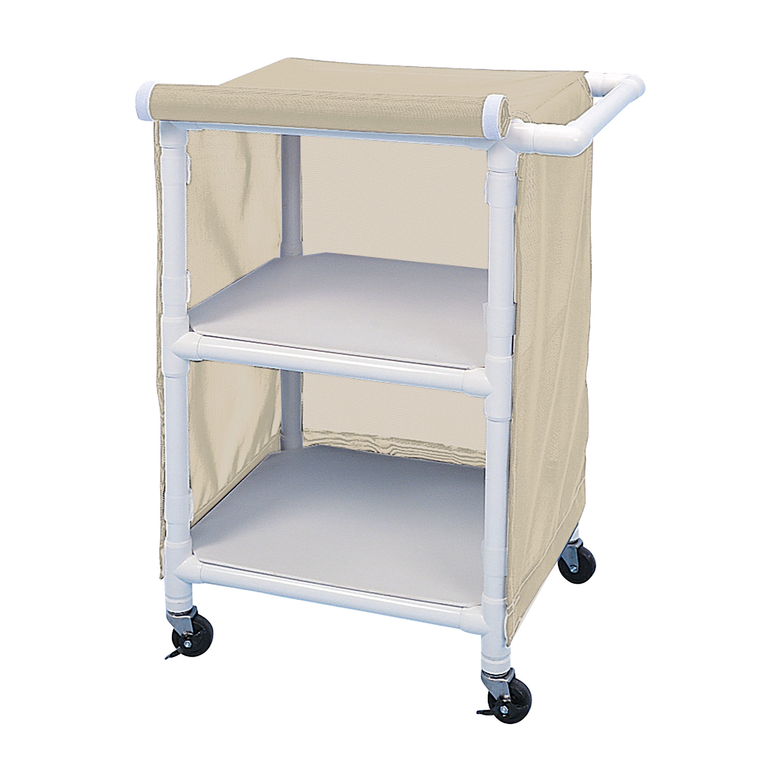 Healthline PVC Linen Cart with Cover features two shelves, a beige fabric cover, and swivel caster wheels for mobility.