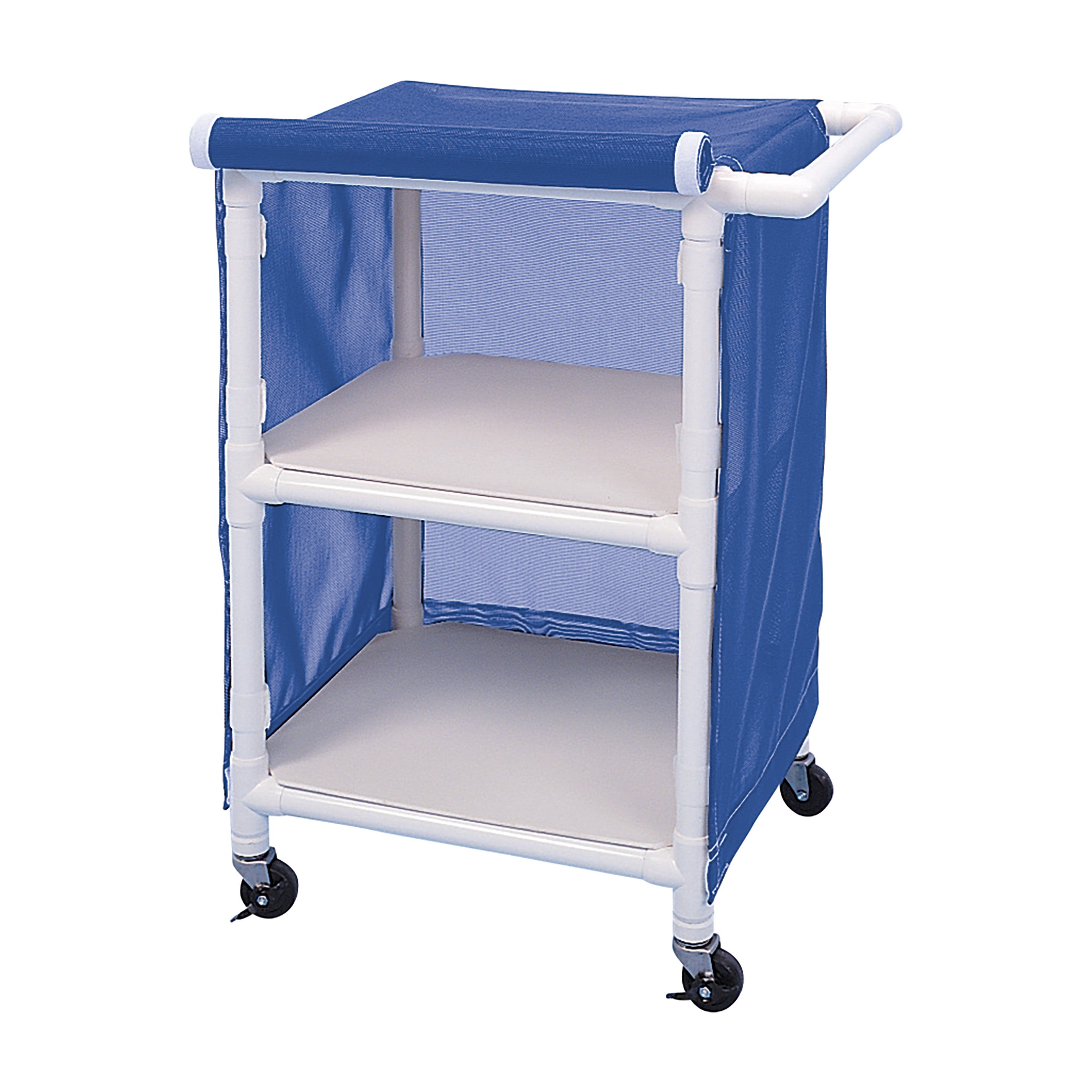 Healthline PVC Linen Cart with Cover features three shelves, a blue cover, and is on wheels for easy mobility.