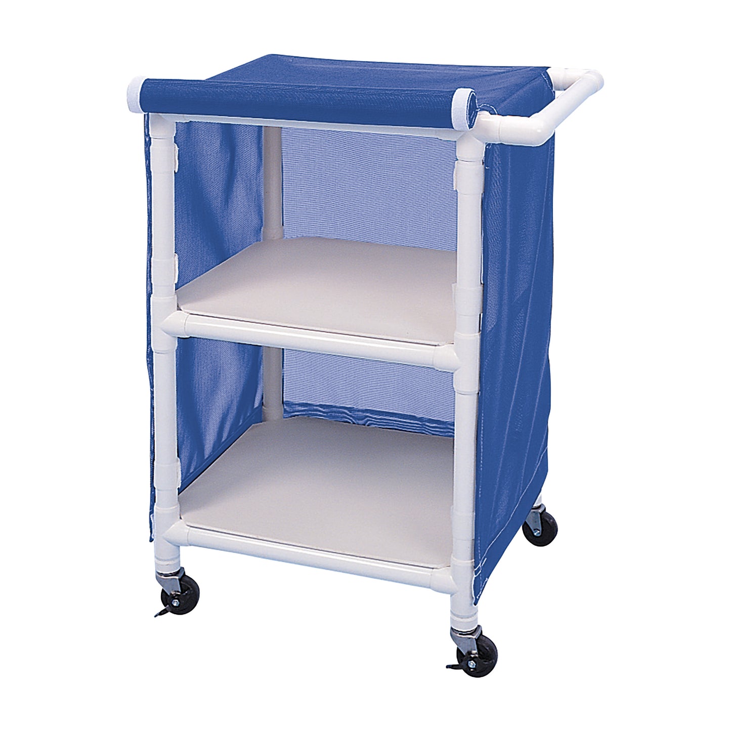 Healthline PVC Linen Cart with Cover features three shelves, a blue cover, and is on wheels for easy mobility.
