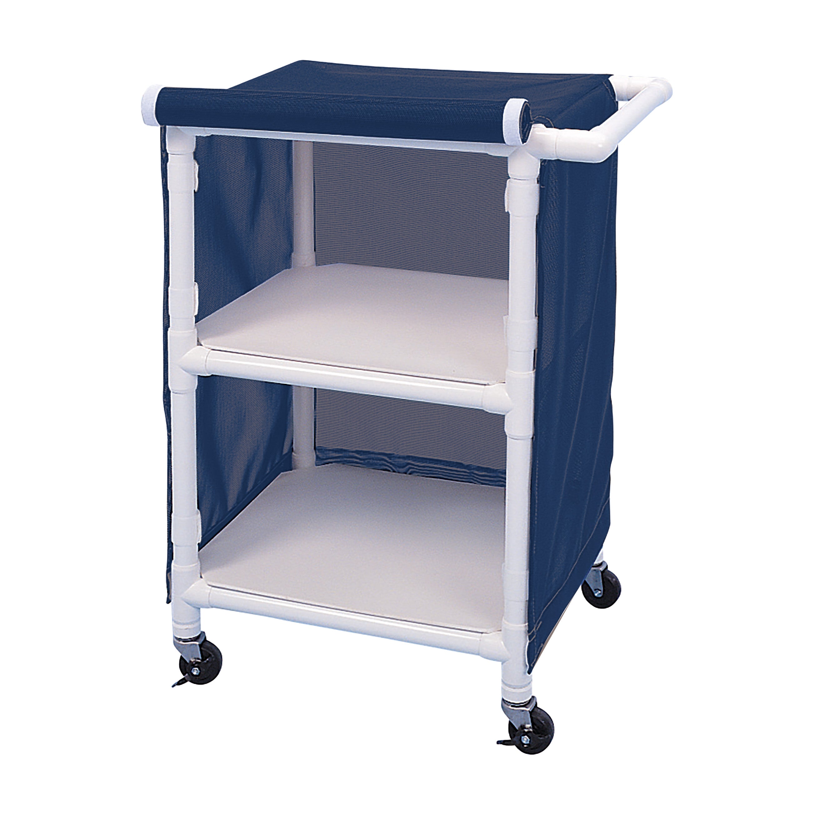 Healthline PVC Linen Cart with Cover, featuring a blue cover, three white shelves, and wheels for mobility.