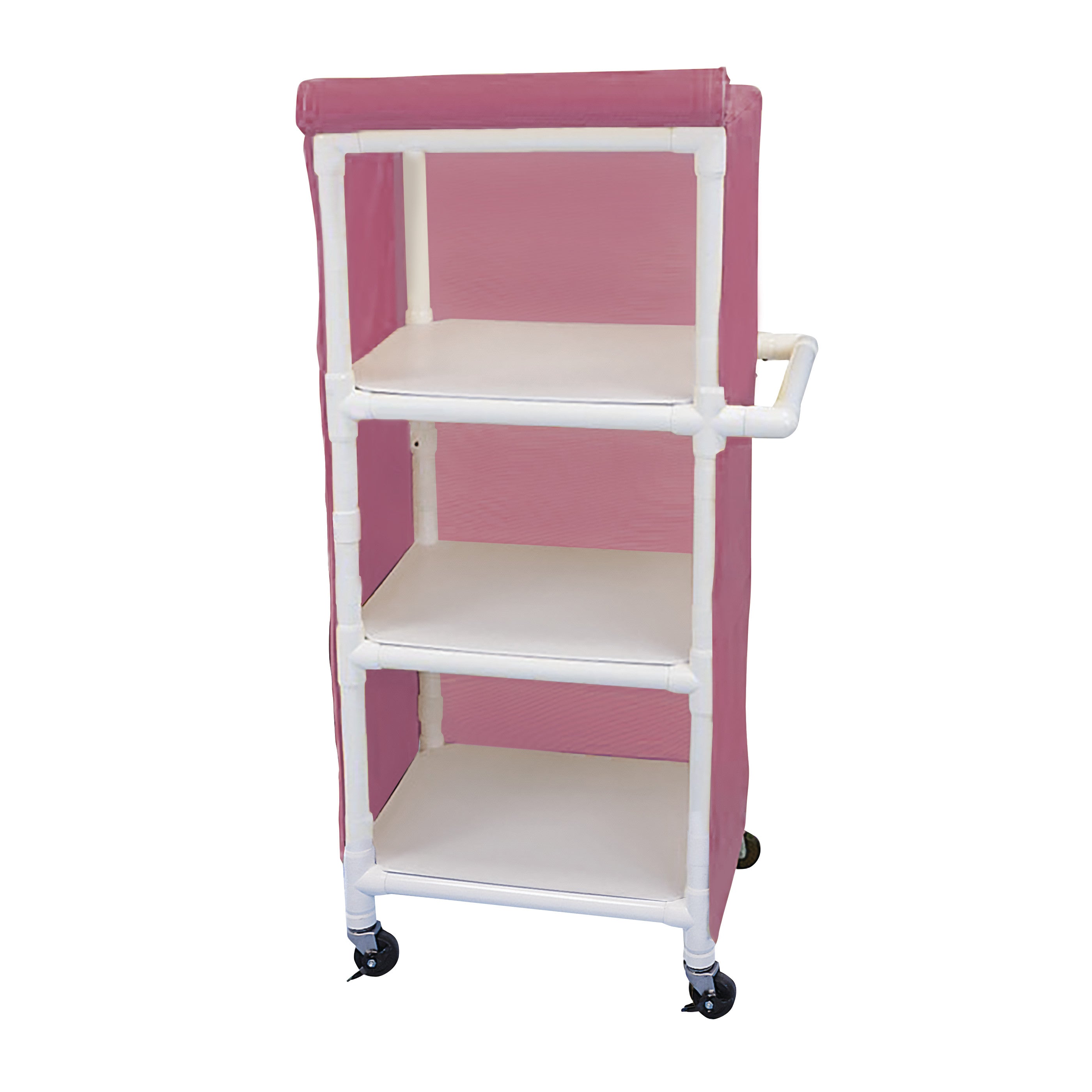 Healthline PVC Linen Cart with Cover is a pink, three-shelf cart with a white frame and wheels for mobility.