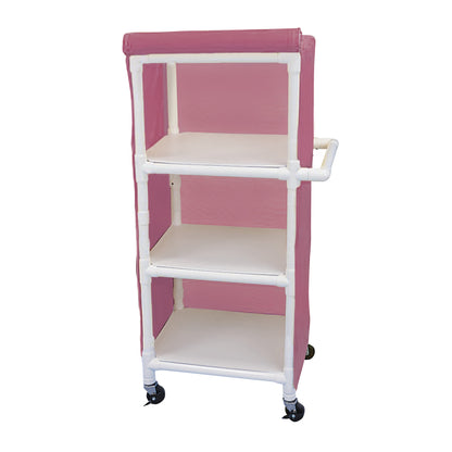 Healthline PVC Linen Cart with Cover is a pink, three-shelf cart with a white frame and wheels for mobility.