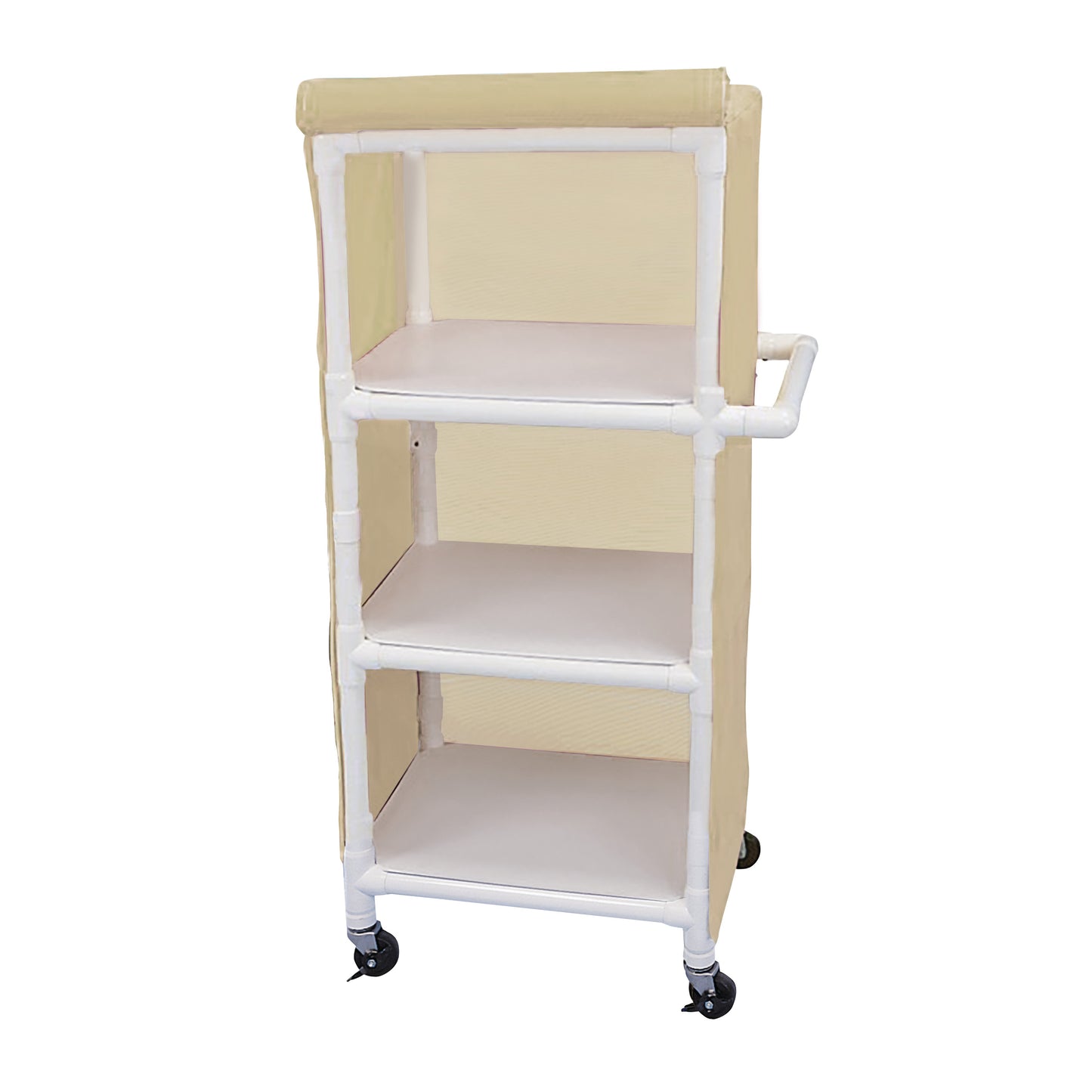 Healthline PVC Linen Cart with Cover, featuring three shelves, white frame, beige cover, and four wheels for mobility.